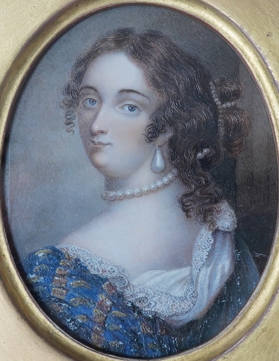 A 19th century portrait miniature on ivory, Portrait of a lady wearing 17th century dress, 7.5 x 5.5cm, housed in ornate gilt frame. Condition fair to good, repairs and restoration to the frame, CITES Submission referenc